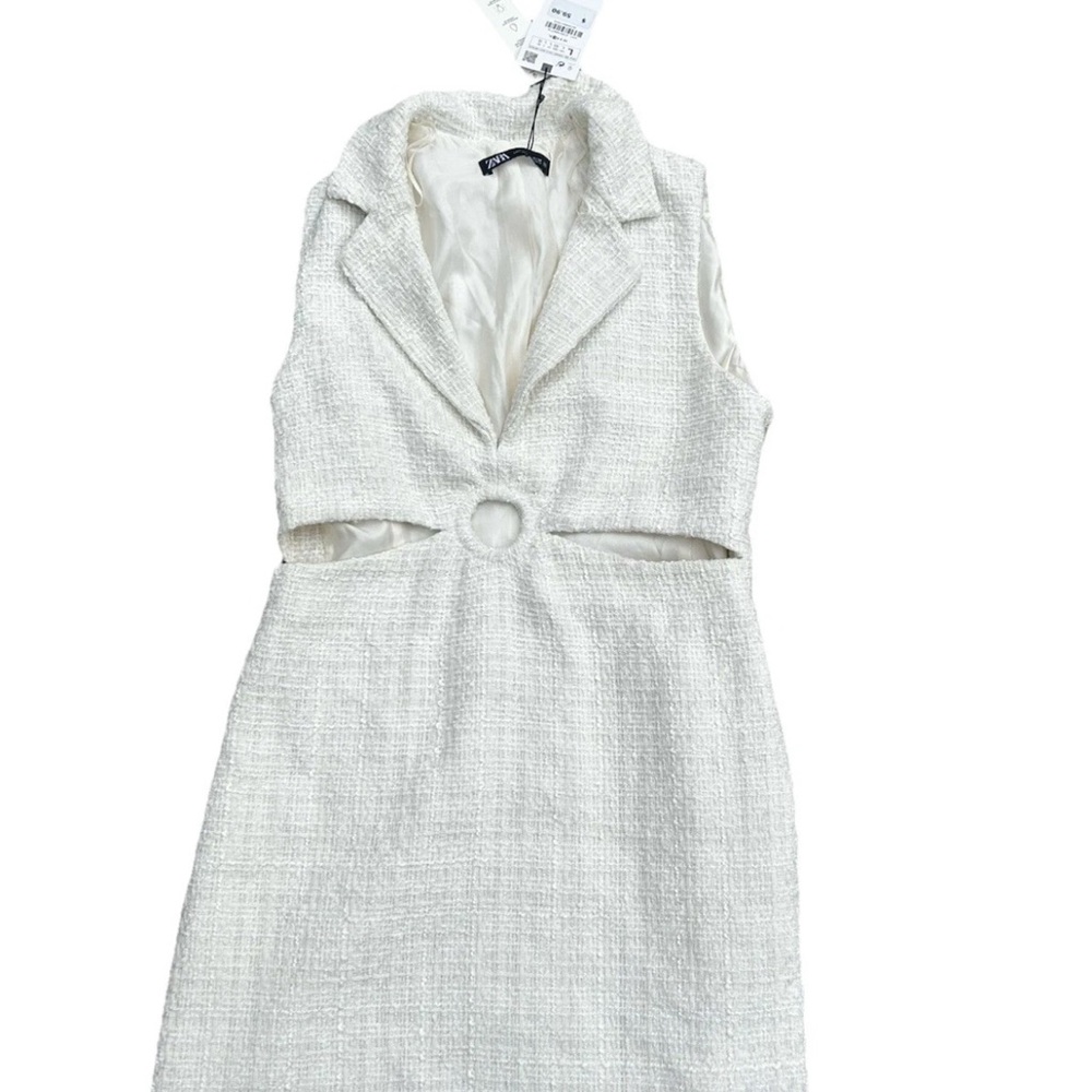 Zara Blazer Dress Women's Large Beige Quilted Textured Open Front NWT
